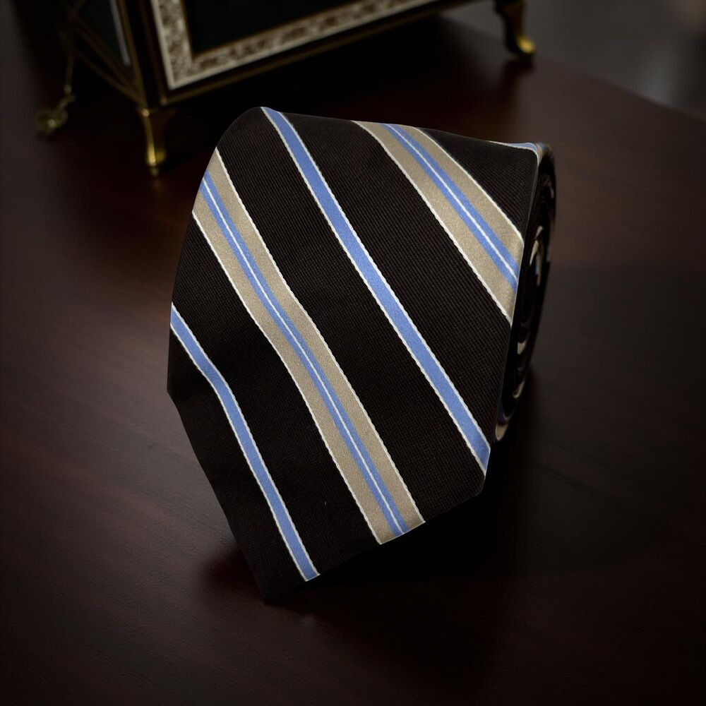 Nautica 100% Silk Brown Tan Blue Striped Classic Necktie 57.25” x‎ 3.5”